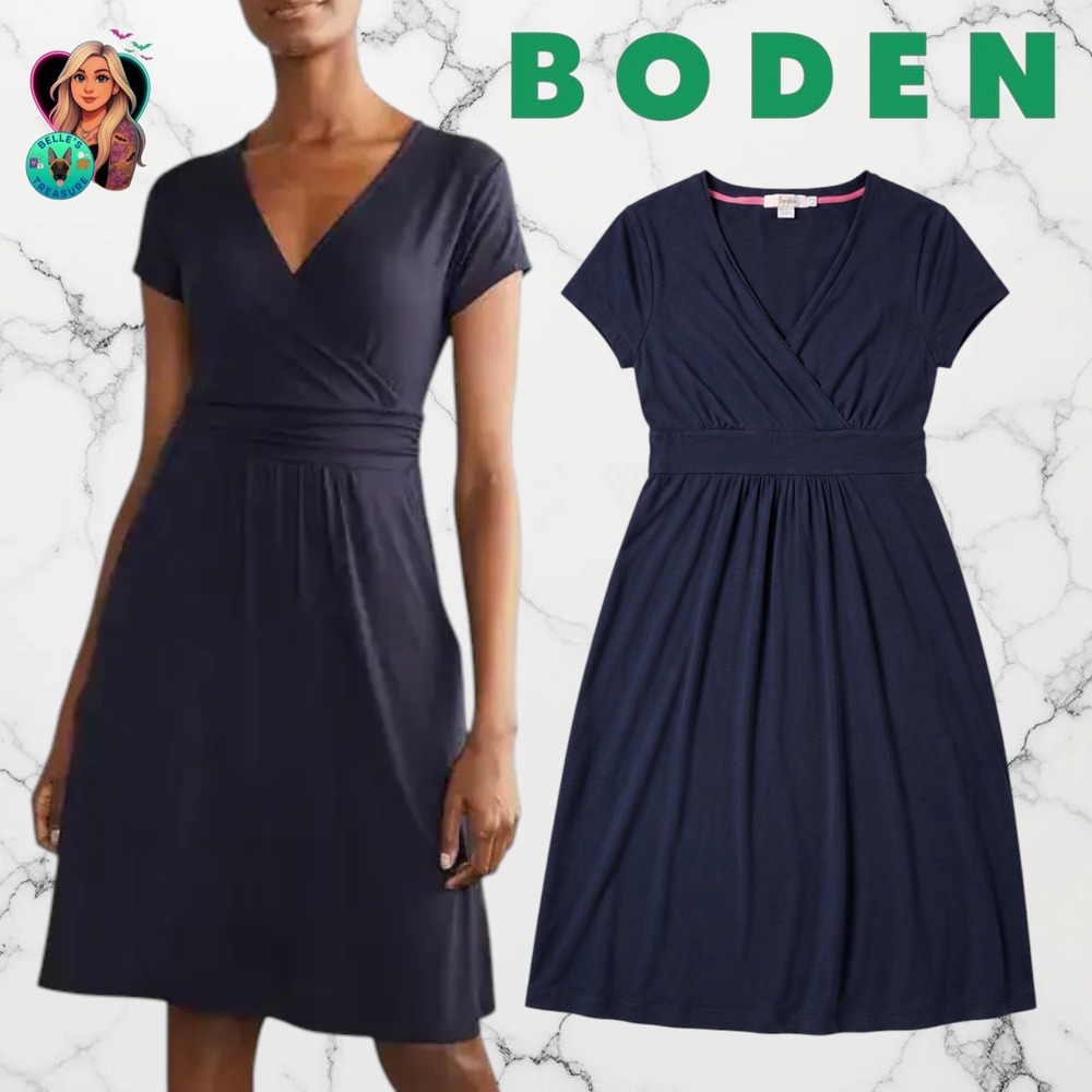 Boden Lola Jersey Dress Womens 8 Medium Stretch Navy Blue Faux Wrap Empire Waist